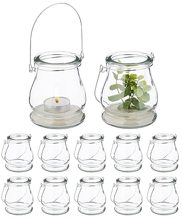 Relaxdays Windlicht, 12er Set, Glas, mit Henkel, innen & außen, Teelichthalter, H x D: 10 x 8,5 cm, transparent/Silber
