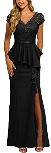 MISSMAY Women's Elegant V-Neck Lace Peplumed Ruffle Split Bridesmaids Party Gown Formal Maxi Dress (Large, Black)
