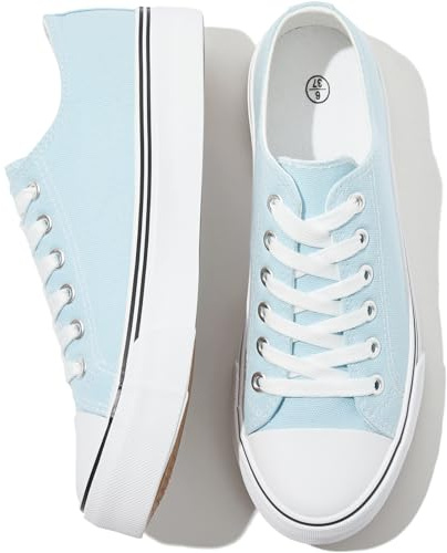 FRACORA Womens White Canvas Sneakers Black Tennis Shoes(Light Blue,US7)
