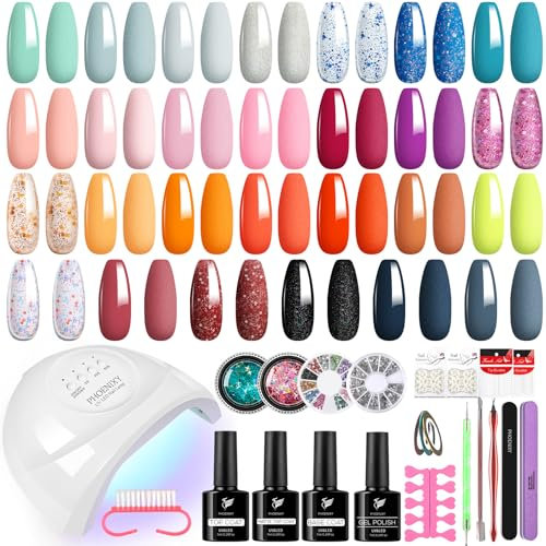 Uñas Semipermanentes Kit Completo, Phoenixy 54 Efectos 27 Colores Kit Manicura Semipermanente con Lampara de Uñas U V 48W, Kit Uñas Semipermanentes Rojo Negro Regalo para Mujer