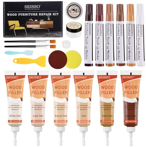 SEISSO Kit di Riparazione di Mobili, 6 Creme per Il Restauro, 6 Penne per Il Restauro, Kit di Ritocco con Stucco per Riparare Graffi, Crepe, Buchi, Porte in Legno, Pavimenti, Tavoli, Armadietti