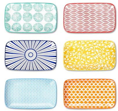 Selamica Rectangular Salad Plates, 7.1 Inch Dessert Plates Ceramic, Small Plates for Appetizer, Snack, Sushi, Fruit, Set of 6, Assorted Colors