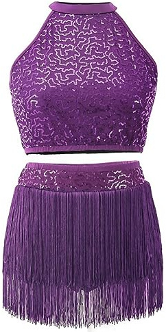 Valcatch Latin Dance Outfits 2 Piezas Ropa de Baile de Rendimiento para Niños Niñas Mujeres Lentejuelas Cortas Con Brillo Conjunto De Falda Con Flecos
