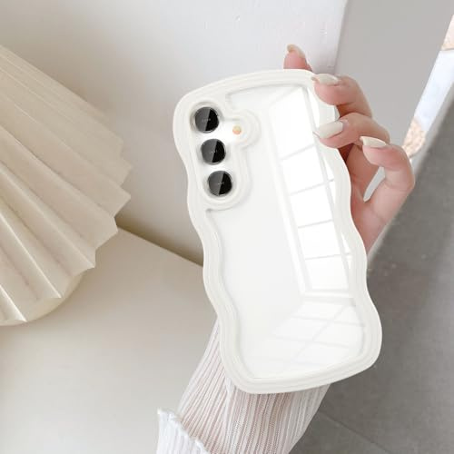 UEEBAI Clear Case for Samsung Galaxy S24,Cute Pretty Colorful Wave Frame Slim Fit Shockproof Phone Bumper Cover Translucent Soft Pretty Anti-Scratch Protective TPU Case - White