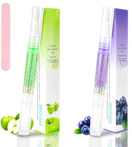 2PCS Cuticle Oil Pen for Nails,Nail Oil Pen for Nail Care,Cuticle Oil for Nails with Nail File,Nail Oil Cuticle Prevent Dry Cracking and Hangnails,Deep Nourishment(Blueberry & Apple Flavor)