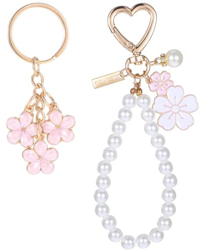 Xinjoduz 2 Stück Schlüsselanhänger Perlen Schlüsselanhänger Blume Armband Damen Rosa Süße Taschenanhänger Purse Charms Anhänger für Frauen Mädchen DIY Dekorate Muttertagsgeschenk