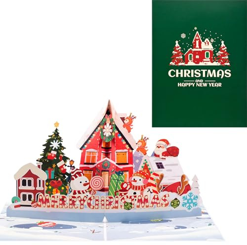 Carte de Noël Pop Up,3D Bonhomme de Neige et Maison,Carte Cadeau de Noël Fait Main avec Enveloppe