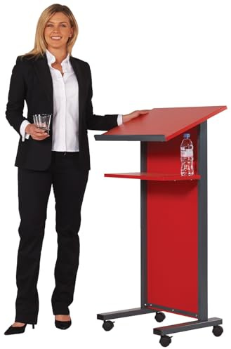 Metroplan Events Lectern in Red | Braked castors & angled Top & Shelf|Steel Frame| for Offices, Schools, assemblies
