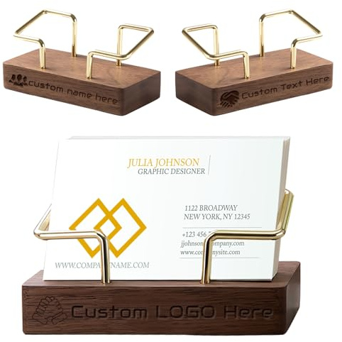 Tarjetero personalizado para escritorio, soporte de exhibición de madera grabado con nombre o logotipo, organizador de oficina de nogal negro y metal, regalo