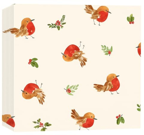 Glick Luxury Christmas Napkins, Pack 20, 3 Ply, Respendent Robins, Fully Recyclable, 33 x 33 cm When Opened, White, Red & Green