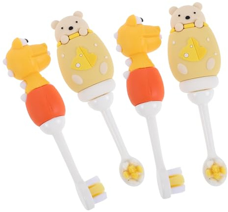 SHOWERORO Juego de 4 Cepillos de Dientes para Bebés 0-3 Años Cerdas Extrasuaves Diseño Infantil de Oso y Dinosaurio Amarillo Cepillo Manual Seguro para Dentición y Cuidado Bucal Infantil