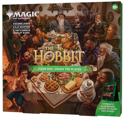Magic: The Gathering | The Hobbit Scene Box - Crack the Plates| 6 Foil Borderless Scene Cards, 6 Art Cards, 3 Play Boosters + Display Easel