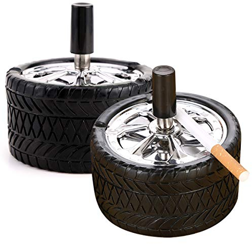 Qixuer 2 Pieces Black Ashtray, Rotating Ashtray Durable Cigarette Ash Tray Stainless Steel with Lid in the Shape of Truck Tyres Modern Wind for Garden Office Home Outdoor Balcony
