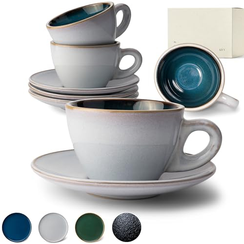 KIVY Tazas de cappuccino de pared gruesa [4 x 180 ml] – Taza de gres hecha a mano – tazas de café con platillo – tazas de café con platillo – tazas de capuchino gris azul – tazas grandes – taza de