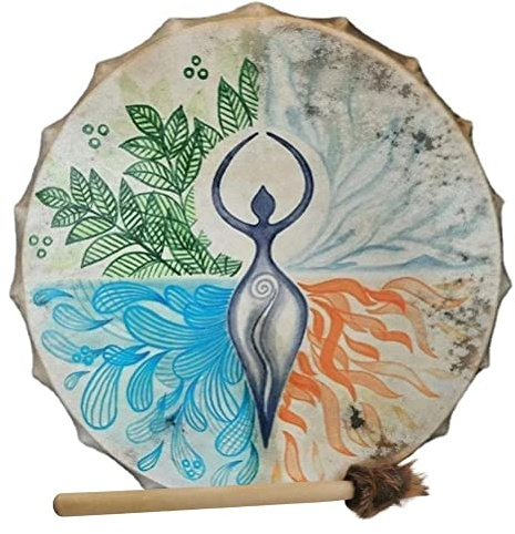 MSLing Juego de cuenco tibetano para cantar para yoga, meditación, cuenco tibetano con grabado, tambor de chamán siberiano, tambor de chamán, tambor siberiano, música fantasma, tambor hecho a mano