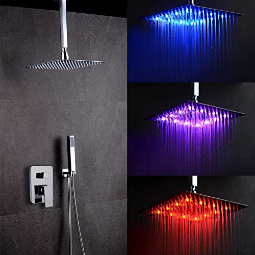 Unterputz LED Duschamatur Unterputz LED Duschsystem Edelstahl Regendusche Duscharmatur Kopfbrause Handbrause Duschset Unterputzarmatur Wassertemperatur Farbewelchseln Brausegarnitur Duschset