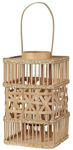 Laterne Bambusholz Hellbraun 35 cm mit Griff Glaseinsatz Tischdeko Boho Lumbis