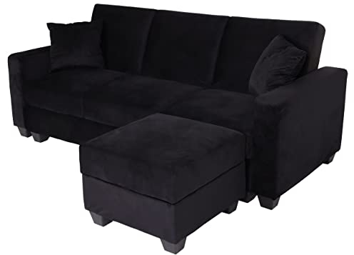 Mendler Sofa HWC-H47 mit Ottomane, Couch Sofa Gästebett, Schlaffunktion Stauraum 217x145cm - Samt schwarz