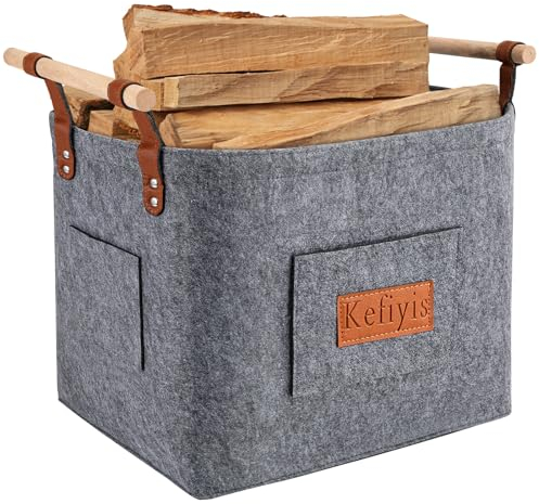 Grand panier en feutre pour bois de cheminée, transport et rangement du bois de chauffage, pour cheminée, journaux, vêtements, avec 2 poches latérales (42 x 32 x 40 cm) gris clair