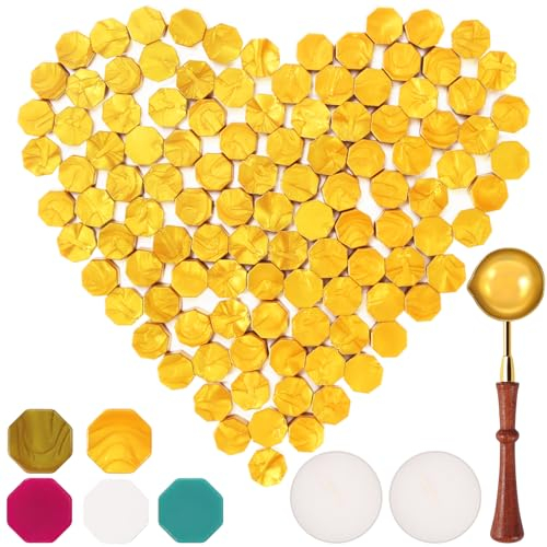 Foonii 100 Stück Siegelwachs Perlen Set mit 1 Schmelzlöffel, 2 Teelichte | Siegellack Perlen Set für Umschlag/Einladungen/Karten/Geschenk (Gold)