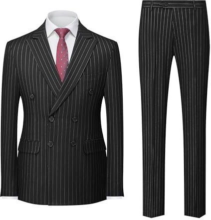 MOGU Mens Double Breasted Pinstripe Suit 2 Piece Slim Fit Tuxedo Formal Jacket and Pants for Business Wedding Prom, Black, S
