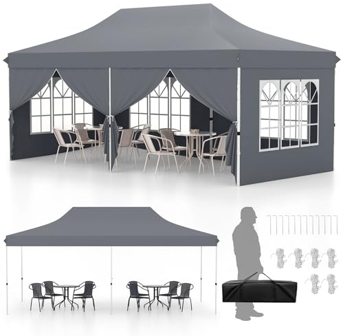 COSTWAY Gazebo da Giardino 3 x 6 m, Tendone per Feste con 6 Pannelli Laterali Rimovibili, con Borsa da Trasporto, Design Pop-up, per Matrimonio Eventi e Barbecue (Grigio)