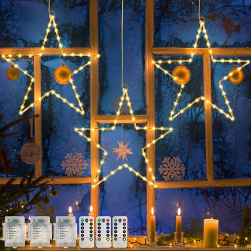 Jsdoin Christmas Window Lights 3 Packs Battery Operated Star Christmas Lights with 8 Modes & Remote 45 LED Window Warm Light for Party Indoor Outdoor Window Xmas Decoration