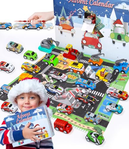 Adventskalender 2024 für Kinder,Kinder Spielzeug Auto,24 Tage Countdown-Kalender Spielzeug Blind Box mit Spielunterlage,enthält Stadtautos und Lastwagen Spielzeugfahrzeug Geschenk für Jungen 2-6 jahre