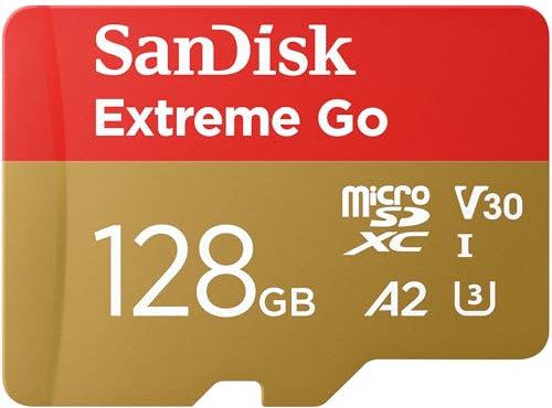SanDisk Extreme Go microSDXC Karte 128 GB (Für Android Smartphones und Tablets, Action Cams, Drones, UHS-I, bis zu 200 MB/s 5K, 4K UHD, Rescue Pro Deluxe, V30, Class 10, U3) Für Amazon
