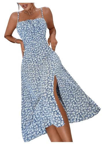 GORGLITTER Women's Floral Milkmaid Dress Boho Tie Front A Line Flared Midi Cami Dress Summer Beach Split Thigh Sundress Blue and White XL