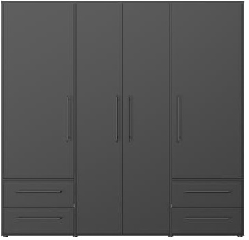 AVANTI TRENDSTORE - Fathie - Armadio con 4 ante battente e 4 cassetti in legno laminato nel colore nero opaco, con ripiani e bastone appendiabiti. LAP ca. 206x200x59 cm.