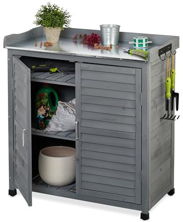 Relaxdays Pflanztisch mit Unterschrank, 3 Haken, Holz, Zinn Arbeitsplatte, HxBxT: 92 x 90 x 45 cm, Gartenschrank, grau