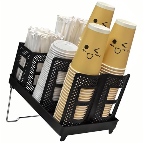 Coffee Cup Holder Organizer Unbreakable 2-IN-1 Paper Cup and Lid Holder with Straw Organizer Adjustable Paper Cup Holder for Countertop Coffee Station Bar Restaurant Breakroom Kitchen Office
