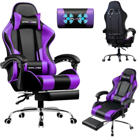 LUCKRACER Chaise de Gaming avec Massage Ergonomique | Repose-Pieds et appuie-tête rétractable | Support 150 kg | Bureau et Maison | Couleur Violette