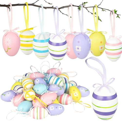 Dowdiles 24 huevos de Pascua de plástico coloridos con colgador, decoración de huevos de Pascua, ideal para jardín, árbol y arbusto de Pascua