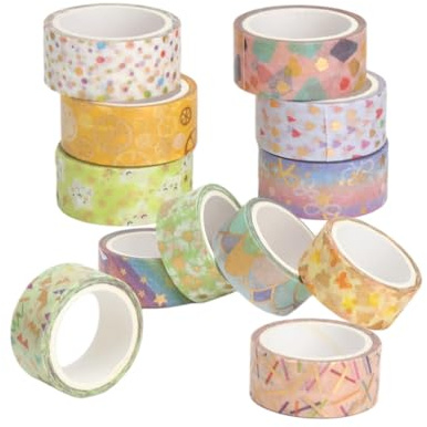 12 rullar Washi Tape Set, sockerfärger washitape färgglad tejp, Washi Tape barn glitter för maskeringstejp gör-det-själv projekt, Washi klistermärken, färgade tejp papper tejp färgglada med guldfolie