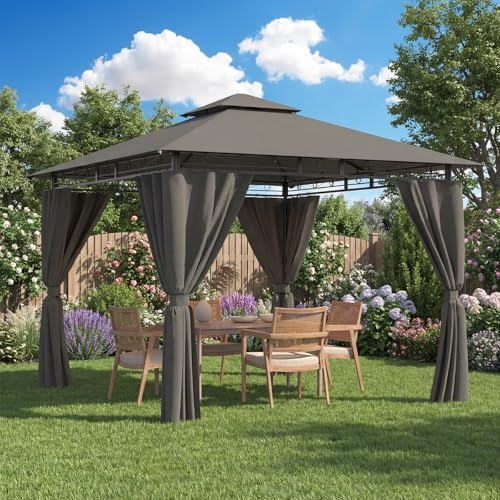 Devoko Garden Pavillon 3x3 Wasserdicht Stabil Winterfest Deluxe Gazebo, UV-Schutz 50+ Doppellagiges Grilpavillons mit seitenwänden für 4-8 Personen, Partyzelt für Freizeit, Partys,Grau