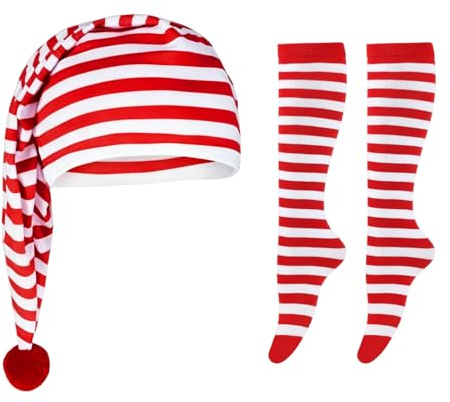 GTYHH 1 Bonnet De Nuit Rayé, 1 Paire De Chaussettes Rayées, Chapeau Pointu Avec Pompons, Adapté Pour Carnaval Et Enterrement De Vie De Garçon (Rouge).