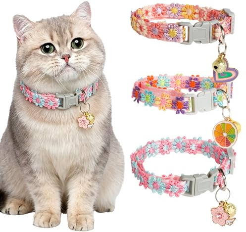 KASESSS 3 Pezzi Collare Gatto, Ricamo Floreale Collarino Gatto, Regolabile Collare per Gatti, Multicolore Collares Gattos con Campana e Ciondolo per Eventi Festivi e Foto per Gattini e Cuccioli