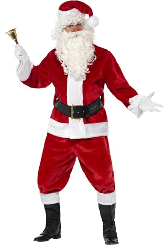 Deluxe Santa Costume & Hat, Red, with Jacket, Trousers, Belt, Gloves & Boot Covers