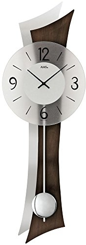 Pendeluhr von AMS. design, große Pendelwanduhr Wohnzimmeruhr modern geräuscharm mit einem Metallpendel Silber glänzend, Wanduhr Rückwand Holz Aluminium Kombi