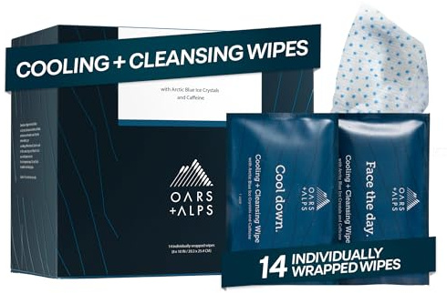 Oars + Alps Cooling Face & Body Wipes, Dual Sided Cleansing Wipes Towelettes for Post Workout, Activities,Commutes, Dermatologist Tested Skin Care with Menthol & Ginseng, Travel Friendly, 14ct
