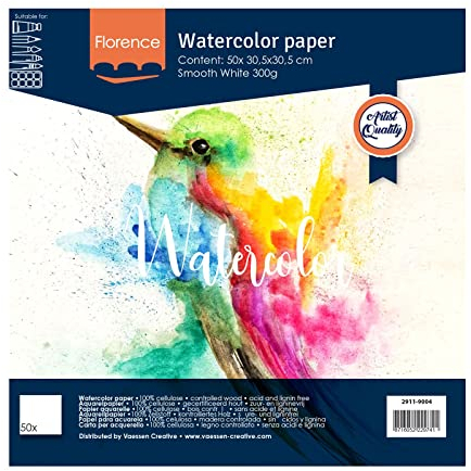 Florence Aquarellpapier Glatt - Zeichenblock für Aquarellfarben 30,5 x 30,5 cm - Weiß - Malblock für Wasserfarben - Künstlerbedarf und Scrabooking - 300 gsm