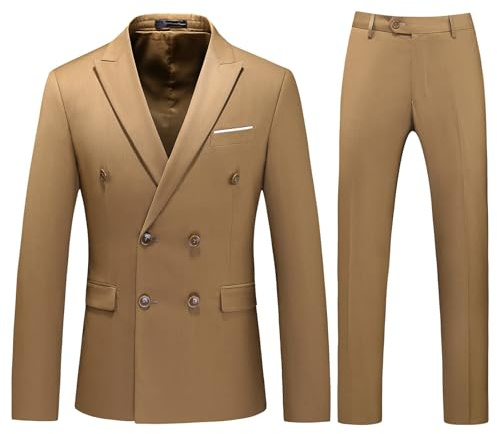 Mens Suits Set Slim Fit 2 Piece Double Breasted Blazer Tuxedo Solid Suit for Men Casual Wedding Casual Business Khaki Medium