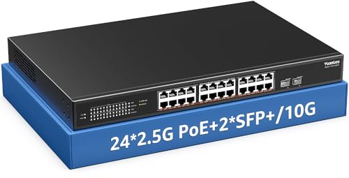 YuanLey Switch PoE 2.5G a 26 Porte Non Gestito, 24 Porte PoE Base-T 2.5G, 2 x 10G SFP+, IEEE802.3af/at, 400W, Compatibile con 100/1000/2500Mbps, Montaggio su Desktop/Rack Switch di Rete 2.5Gbe