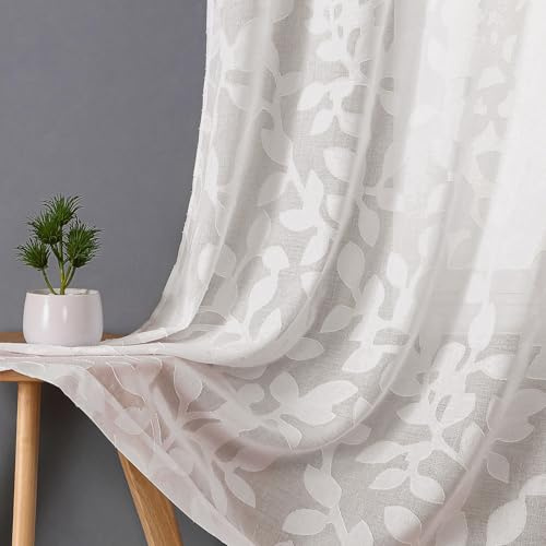 OVZME Ivory Sheer Curtains 42 X 45 Inch Length 2 Panels, Semi Sheer Drapes Light Filtering Textured Window Curtains, Jacquard Clip Leaf Pattern Short Curtains for Small Window Tiers