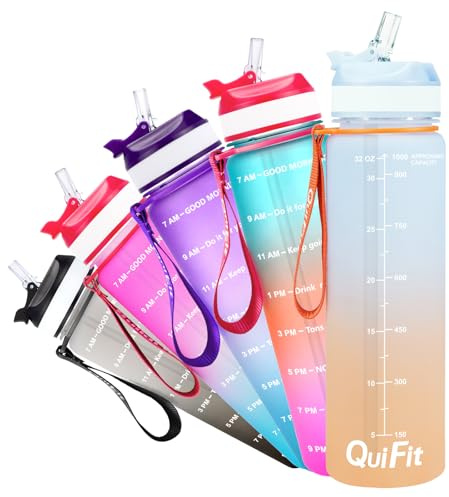 QuiFit 1 Litre Water Bottle - w/straw & Time Marker, BPA Free Non-Toxic Tritan Material,Leak-Proof,1000ml Sport Bottle for Cycling Fitness Outdoor Enthusiasts (Light Blue-Orange)