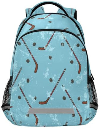 Kinder-Rucksack im Vintage-Stil, Eishockey-Design, für Mädchen, Jungen, Schultasche, Laptop, Studententasche, Reise-Tagesrucksack, Blau, mehrfarbig, M