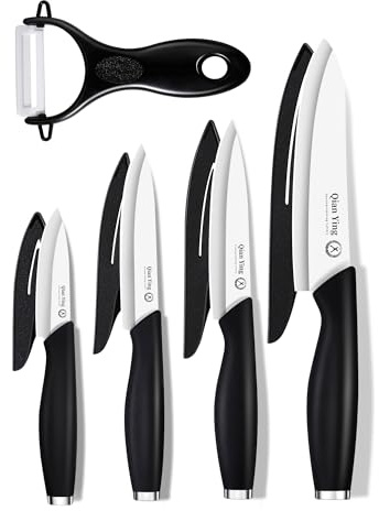 Qianying Pure Ceramic Knife Set for Kitchen with Sheath 9Pcs: 100% Zirconia Ceramic Sharp Blade Fruit Cutting Knives with Cover Rustproof Clean Cut Edge Black Handle