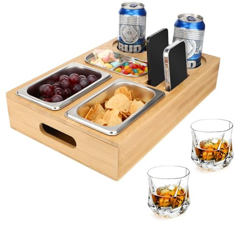 Sprifityy Couchbar Snackbox, Sofa Tablett, Mit Snackschalen Aus Edelstahl,mit Abnehmbarer Deckel, Snackbox mit Fächern, Couch Tablett, Sofaablage für Wohnzimmer Schlafzimmer Garten Camping